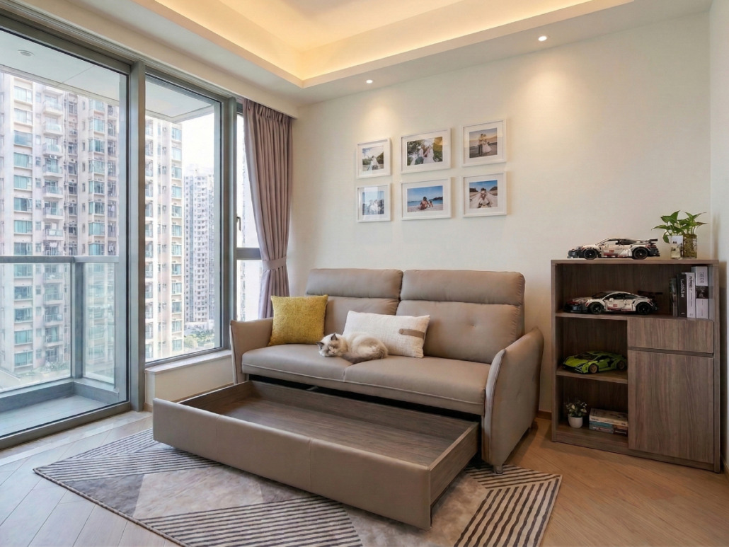 at.home寵物布梳化、防抓布梳化、貓抓布之選。貓抓皮梳化推介的Nancy寵物布梳化，輕巧設計，隨梳化贈送2個咕臣，梳化底下設有隱藏抽屜式儲物空間，方便儲放日用品、雜物，甚至是寵物用品。